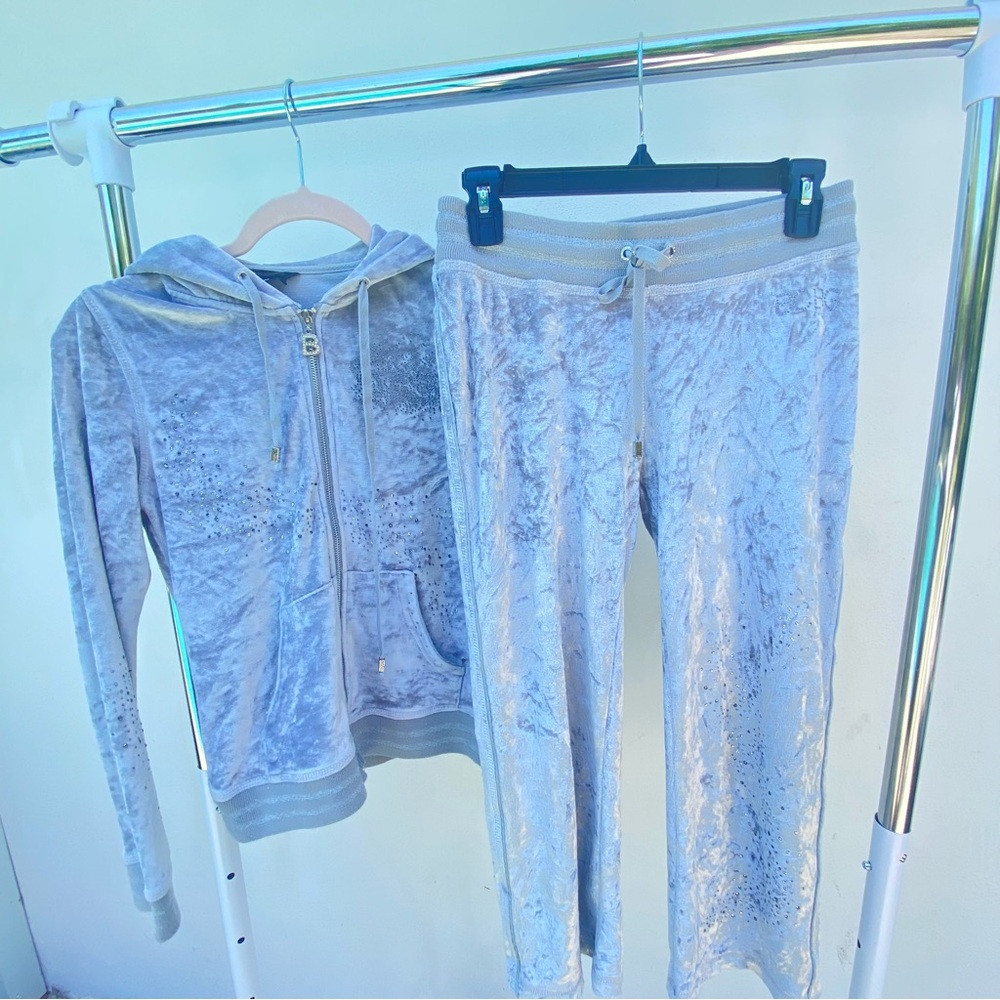 Y2K BCBG Silver Grey Crushed Velvet Rhinestone Tracksuit Size Small